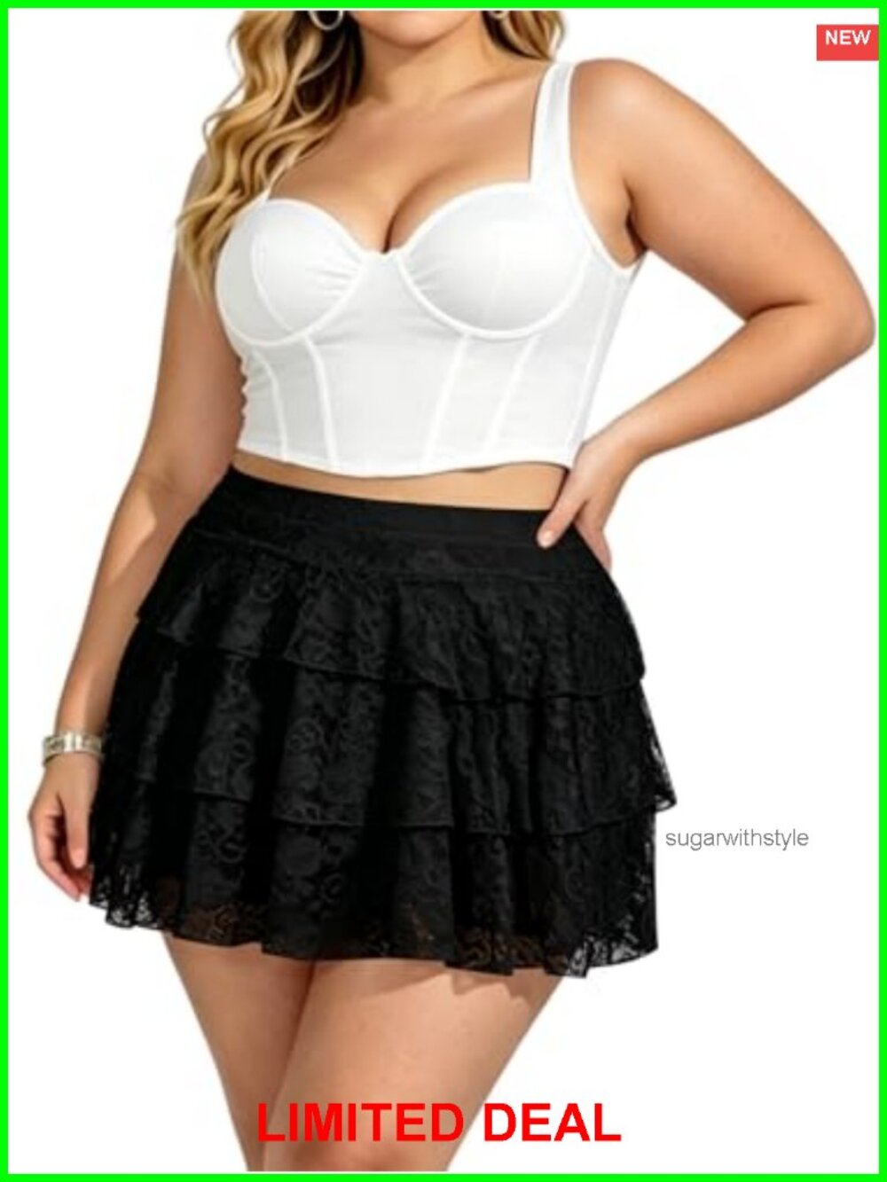 Plus Size Lace Layered Mini Skirt High Waisted Ruffle Skort with Pockets